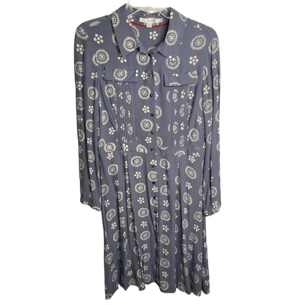 Boden Gray & White Floral Button Down Long Sleeve Dress Size 10R